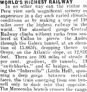 WORLD'S HIGHEST RAILWAY. (Mataura Ensign 8-6-1914)