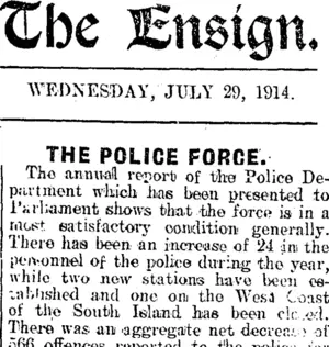 The Ensign. WEDNESDAY, JULY 29, 1914. THE POLICE FORCE. (Mataura Ensign 29-7-1914)
