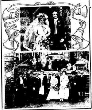 ORANGE BLOSSOMS.  The Bridal Paity at the maniage oj Mtss E. **;««« *> M'\^'t Jg""' at Residence of the Bride's Faieuts, Coroviandel btieet, on August pmo (New Zealand Free Lance, 28 August 1909)
