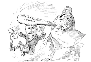 Gil ATT AN GREY DISCIPLINED.  The lliijht Honourable UUhard: Freedom of speeeh is a yloriow* thhuj, and the ru/ht of the people, so long as their opinion* don't diffei jiom mine. Take that' (dismissal). (New Zealand Free Lance, 21 July 1900)