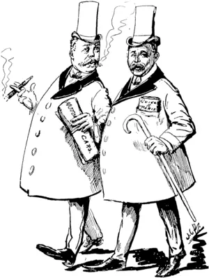 JUST BACK FROM THE CORONATION.  Harry • Look, Tom, theie's Aithur across the load, hanyed if he knows us. Tom ■ I should think not. Thanks to those Bond-street tailors we're so EnglisJi you know. (New Zealand Free Lance, 11 October 1902)