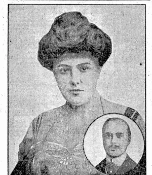 MRS. CORNWALLIS-WEST (formerly Lady Randolph Churchill), Inset is her husband, Geo. Fredk. Cornwallis-West. (NZ Truth, 17 May 1913)