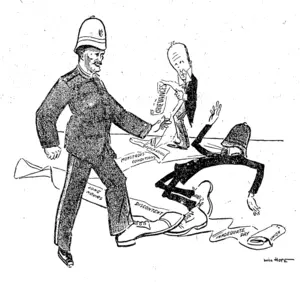 Authority's Attitude.  THE BOSS BOBBY ON THE BOTTOM BbBBY'S BUNION. (NZ Truth, 24 May 1913)