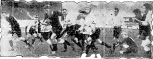 THE FORWARDS HAVE IT. Varsity men break through with the ball. An incident in the Old Boys v. Varsity  game In Wellington senior competition. (NZ Truth, 01 May 1930)