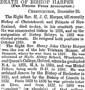 DEATH OF BISHOP HAMPER. (Otago Daily Times 29-12-1893)