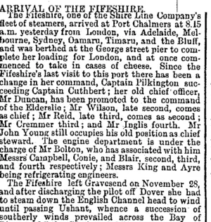 ARRIVAL OF THE FIFESHIRE. (Otago Daily Times 28-2-1894)