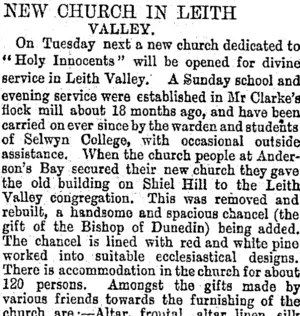 NEW CHURCH IN LEITH VALLEY. (Otago Daily Times 24-3-1894)