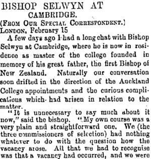 BISHOP SELWYN AT CAMBRIDGE. (Otago Daily Times 9-4-1894)