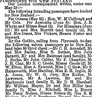 PASSENGERS FOE NEW ZEALAND. (Otago Daily Times 27-6-1894)