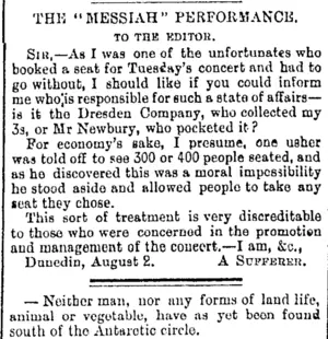 THE "MESSIAH" PERFORMANCE. TO THE EDITOR. (Otago Daily Times 4-8-1894)