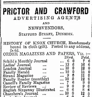 PRICTOR AND CRAWFORD ADVERTISING AGENTS AND NEWSVENDORS. STAFFORD STREET, DUNEDIN. (Otago Daily Times 4-8-1894)