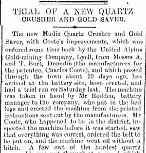 TRIAL OF A NEW QUARTZ CRUSHER AND GOLD SAVER. (Otago Daily Times 4-8-1894)