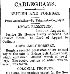 CABLEGRAMS. (Otago Daily Times 6-8-1894)