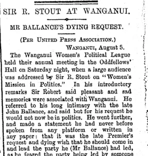 SIR R, STOUT AT WANGANUI. (Otago Daily Times 6-8-1894)