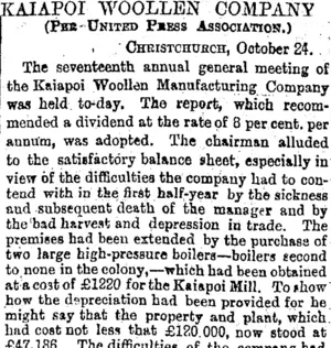 KAIAPOI WOOLLEN COMPANY. (Otago Daily Times 25-10-1894)