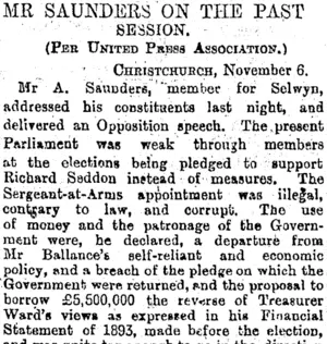 MR SAUNDERS ON THE PAST SESSION. (Otago Daily Times 7-11-1894)