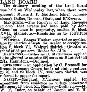 LAND BOARD. (Otago Daily Times 18-1-1895)