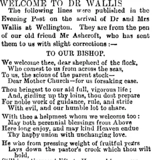WELCOME TO DR WALLIS. (Otago Daily Times 19-1-1895)
