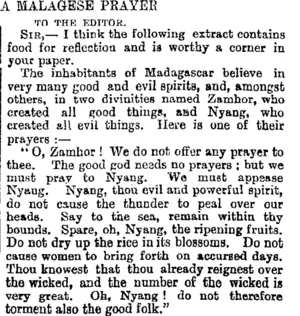A MALAGESE PRAYER. TO THE EDITOR. (Otago Daily Times 19-1-1895)