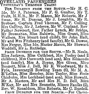 OVERLAND PASSENGERS. (Otago Daily Times 19-1-1895)