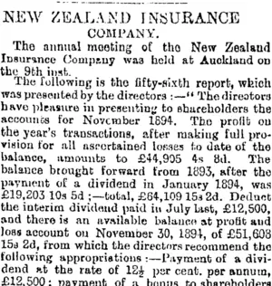 NEW ZEALAND INSURANCE COMPANY. (Otago Daily Times 22-1-1895)