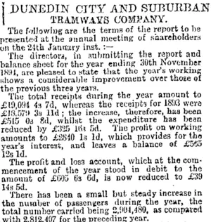 DUNEDIN CITY AND SUBURBAN TRAMWAYS COMPANY. (Otago Daily Times 22-1-1895)