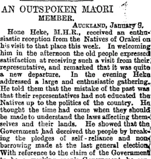 AN OUTSPOKEN MAORI MEMBER. (Otago Daily Times 22-1-1895)