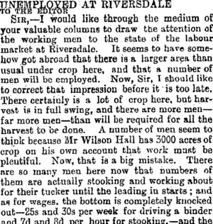 UNEMPLOYED AT RIVERSDALE. (Otago Daily Times 16-2-1895)