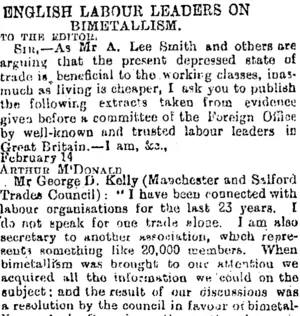 ENGLISH LABOUR LEADERS ON BIMETALLISM. (Otago Daily Times 16-2-1895)