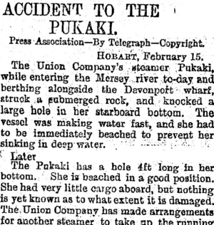 ACCIDENT TO THE PUKAKI. (Otago Daily Times 16-2-1895)