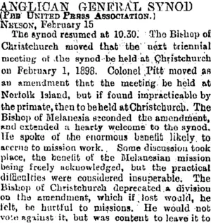 ANGLICAN GENERAL SYNOD. (Otago Daily Times 16-2-1895)