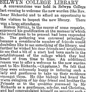 SELWYN COLLEGE LIBRARY. (Otago Daily Times 31-5-1895)