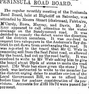 PENINSULA ROAD BOARD. (Otago Daily Times 13-9-1895)