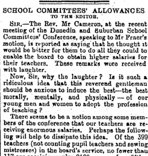 SCHOOL COMMITTEES' ALLOWANCES. (Otago Daily Times 20-9-1895)