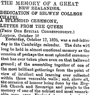 THE MEMORY OF A GREAT NEW ZEALANDER. (Otago Daily Times 30-11-1895)