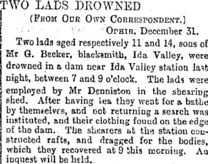 TWO LABS DEOWNED. (Otago Daily Times 1-1-1896)