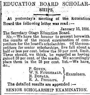 EDUCATION BOARD SCHOLARSHIPS. (Otago Daily Times 17-1-1896)