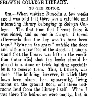 SELWYN COLLEGE LIBRARY. (Otago Daily Times 1-4-1901)