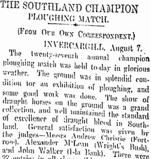 THE SOUTHLAND CHAMPION PLOUGHING MATCH. (Otago Daily Times 8-8-1901)