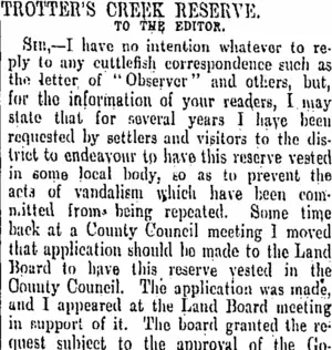 TROTTER'S CREEK RESERVE. (Otago Daily Times 14-8-1901)