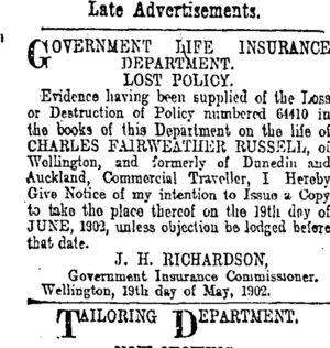 Page 6 Advertisements Column 1 (Otago Daily Times 19-5-1902)