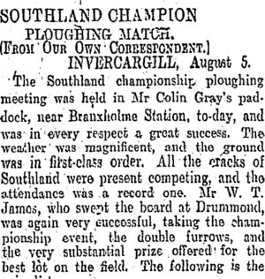 SOUTHLAND CHAMPION PLOUGHING MATCH. (Otago Daily Times 6-8-1903)