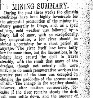 MINING SUMMARY. (Otago Daily Times 8-8-1904)