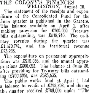 THE COLONY'S FINANCES. (Otago Daily Times 29-8-1904)