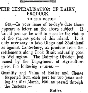 THE CENTRALISATION OF DAIRY PRODUCE. (Otago Daily Times 6-2-1905)