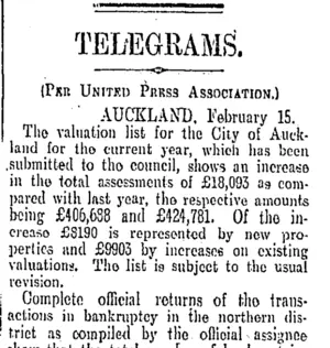 TELEGRAMS. (Otago Daily Times 16-2-1905)