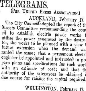 TELEGRAMS. (Otago Daily Times 18-2-1905)
