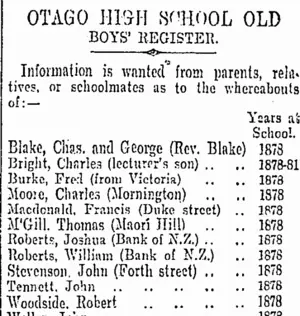 OTAGO HIGH SCHOOL OLD BOYS' REGISTER. (Otago Daily Times 29-3-1905)