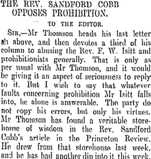 THE REV. SANDFORD COBB OPPOSES PROHIBITION. (Otago Daily Times 30-3-1905)