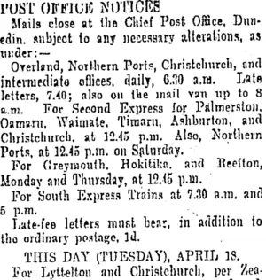 POST OFFICE NOTICES. (Otago Daily Times 18-4-1905)